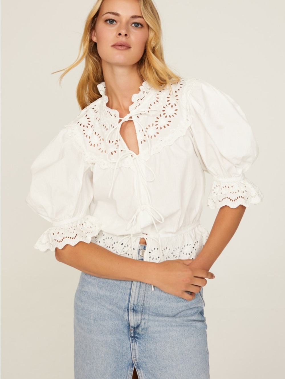 Sea New York White Eyelet Tie-Front Puff Sleeve Blouse